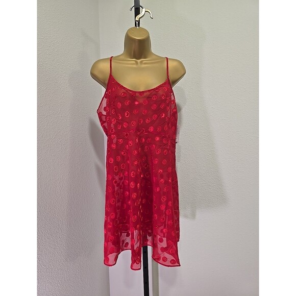 Cherry Red Sheer Chemise Dress Womens Plus 2x Polka Dot Lingerie Boudoir Sleep - Picture 1 of 7